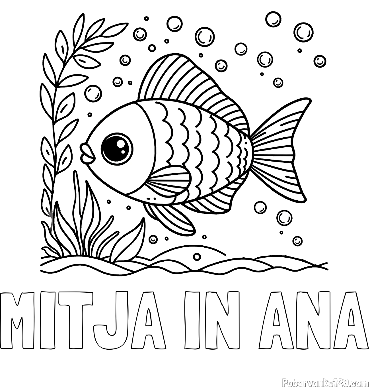 Pobarvanka imena MITJA IN ANA in otroška pobarvanka ljubke ribe
