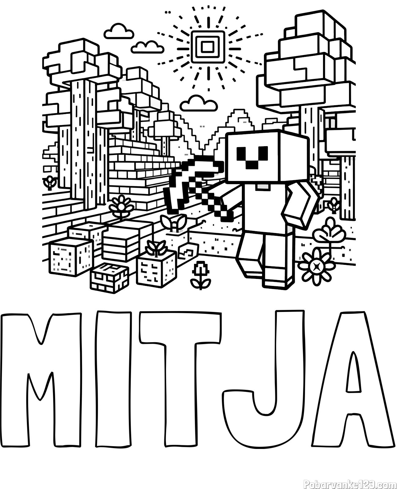 Pobarvanka imena MITJA in pobarvanka Minecraft sveta