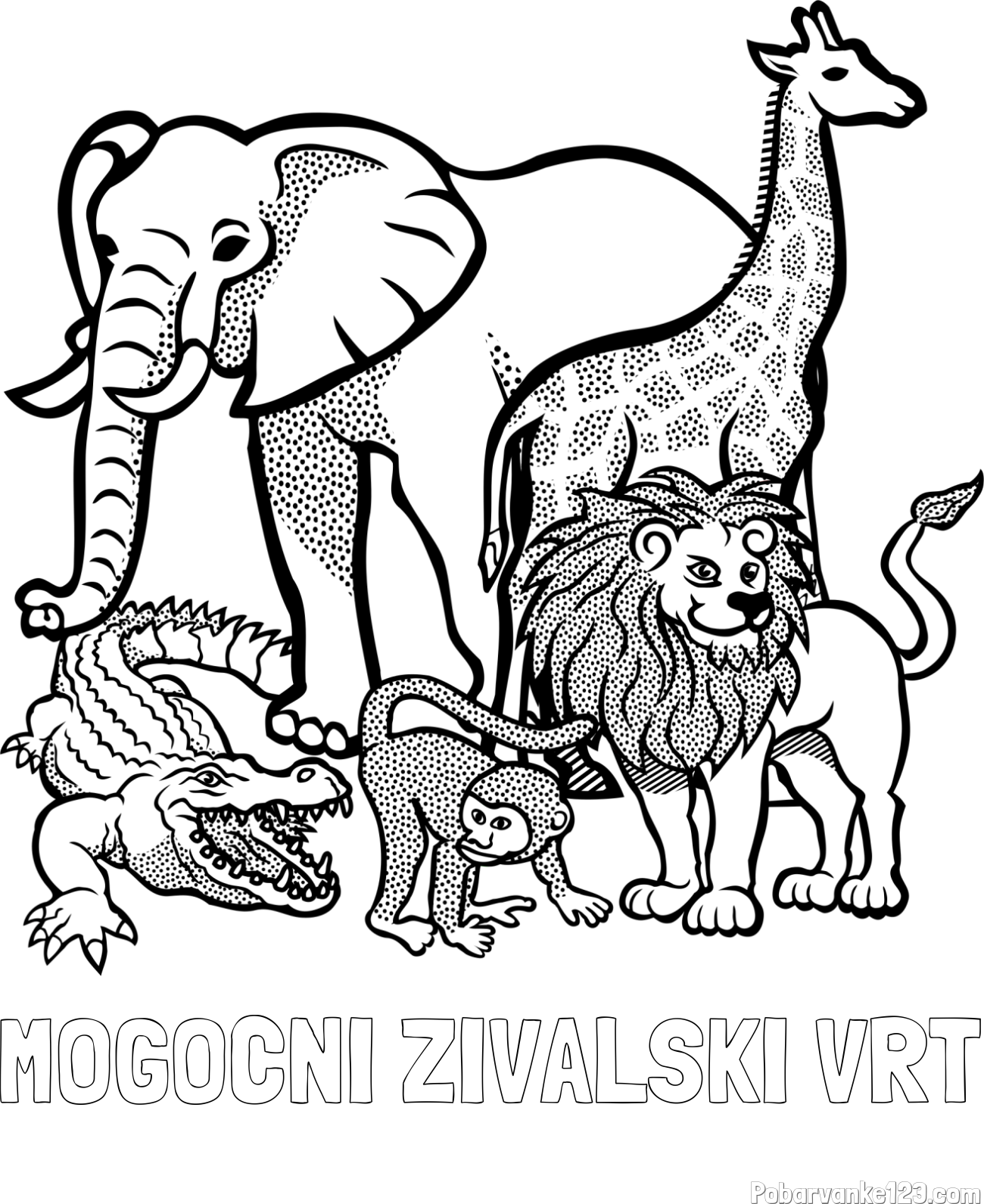 Pobarvanka imena MOGOČNI ŽIVALSKI VRT in pobarvanka živali iz živalskega vrta