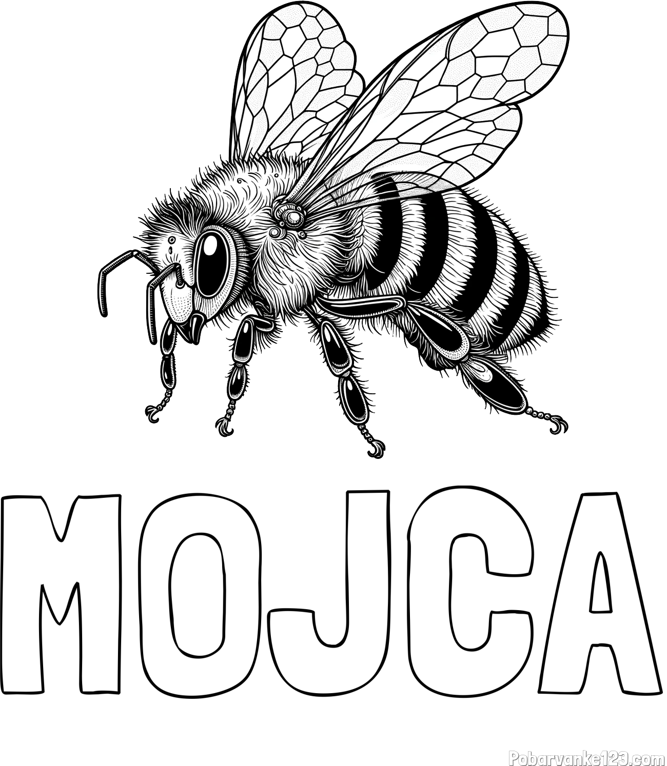 Pobarvanka imena MOJCA in pobarvanka lepe in realistično oblikovane čebele