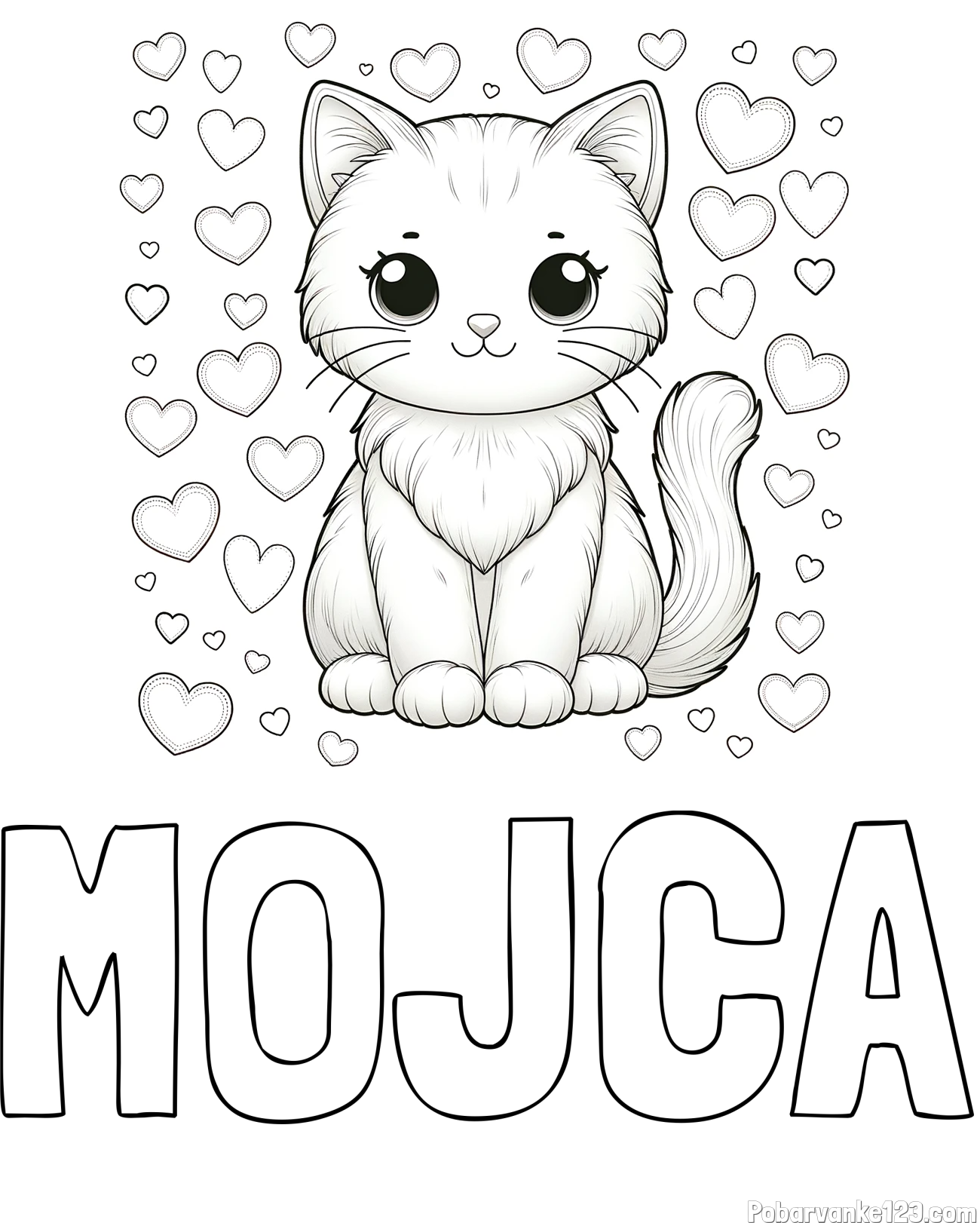 Pobarvanka imena MOJCA in pobarvanka ljubke mucke obdane s srčki