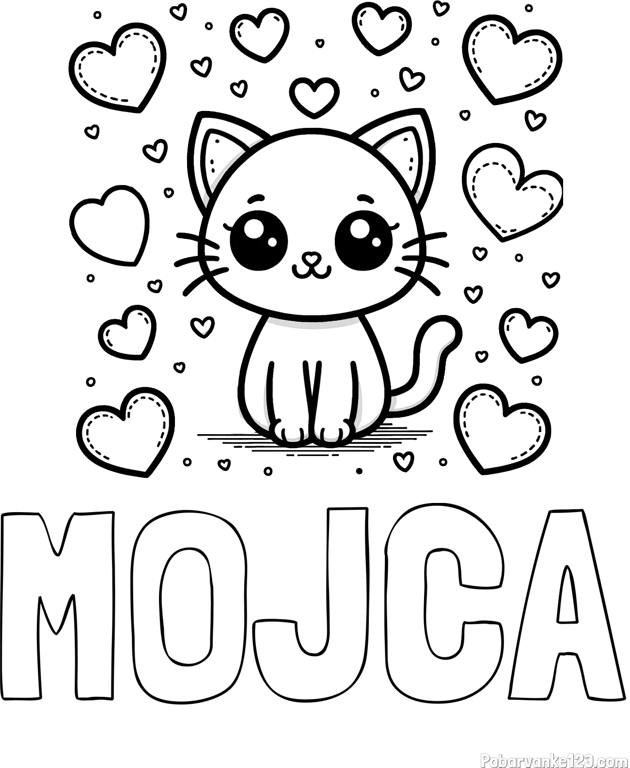 Pobarvanka imena MOJCA in pobarvanka ljubke mucke obdane z veliko srčki