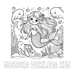 Online izdelana pobarvanka - Pobarvanka imena MORSKA DEKLICA KIM in pobarvana ljubke morske deklice s prijatelji