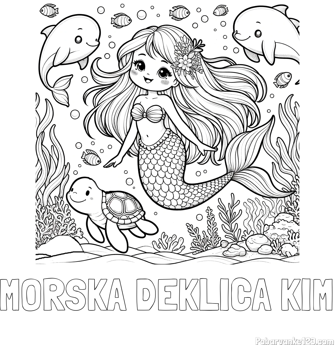 Pobarvanka imena MORSKA DEKLICA KIM in pobarvana ljubke morske deklice s prijatelji