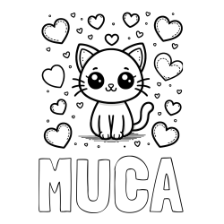 Online izdelana pobarvanka - Pobarvanka imena MUCA in pobarvanka ljubke mucke obdane z veliko srčki