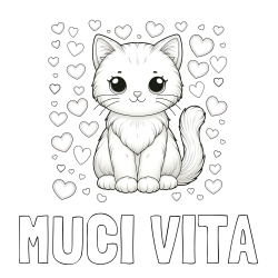 Online izdelana pobarvanka - Pobarvanka imena MUCI VITA in pobarvanka ljubke mucke obdane s srčki