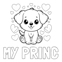 Online izdelana pobarvanka - Pobarvanka imena MY PRINC in pobarvanka ljubkega kužka obdanega s srčki