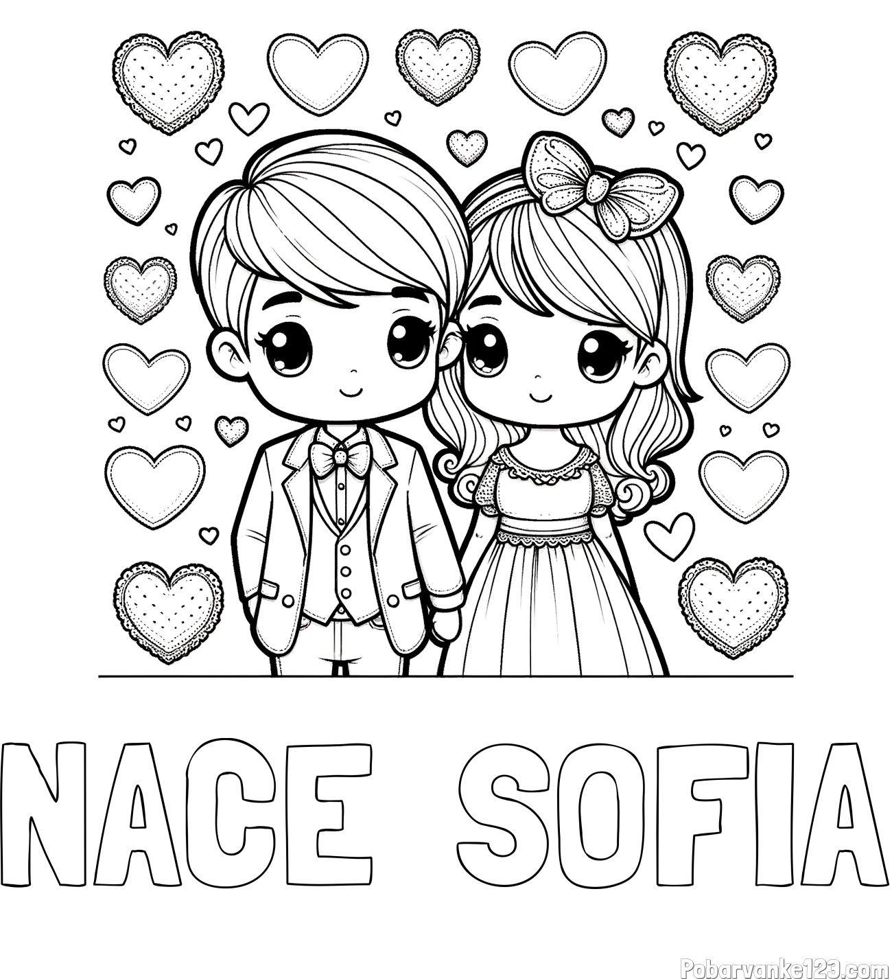 Pobarvanka imena NACE  SOFIA in pobarvanka dveh zaljubljencev s srčki