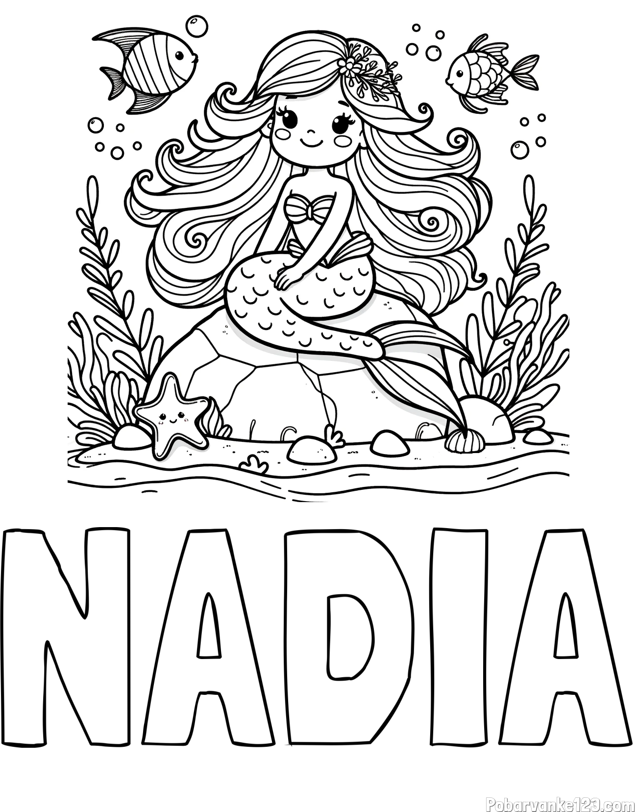Pobarvanka imena NADIA in pobarvanka prikupne male morske deklice