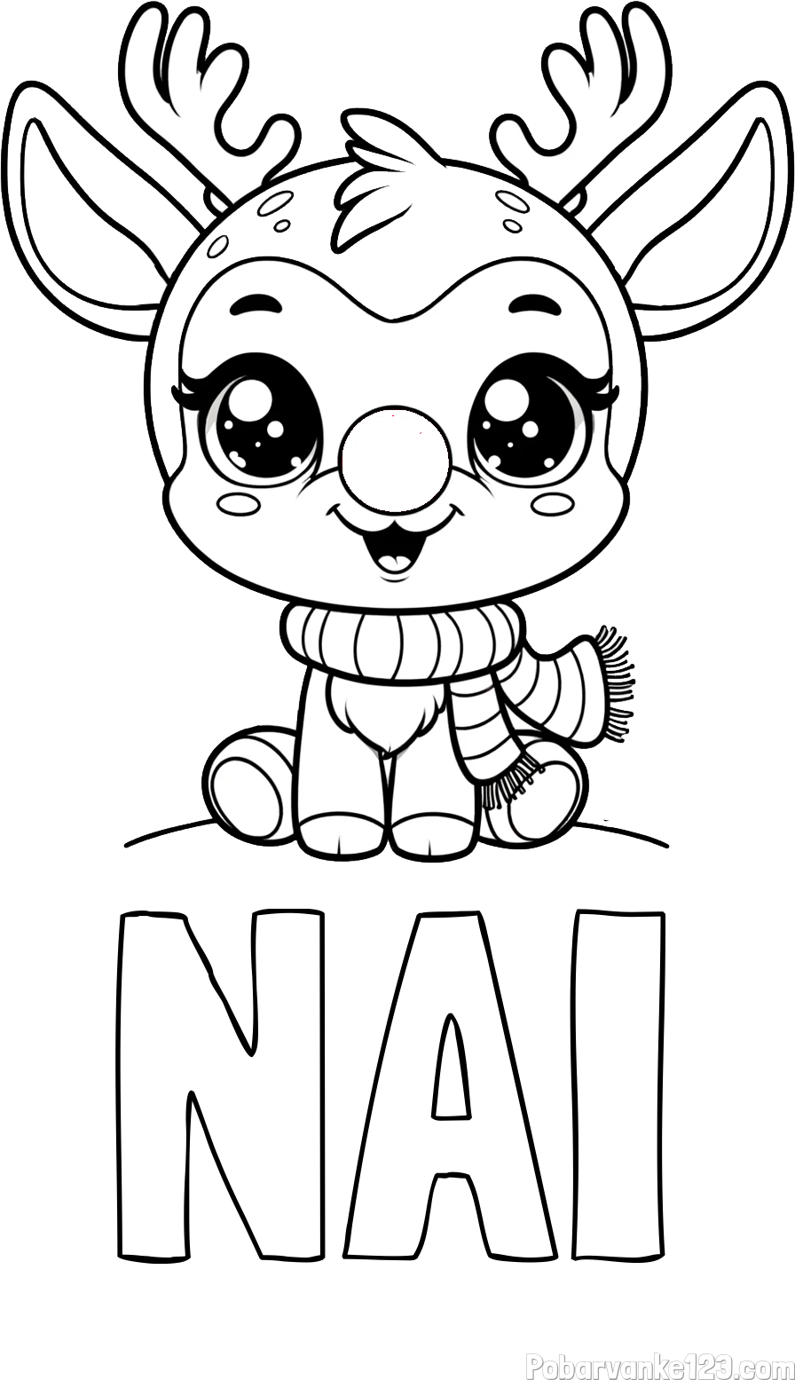 Pobarvanka imena NAI in otroška pobarvanka jelenčka Rudolfa s šalom okoli vratu