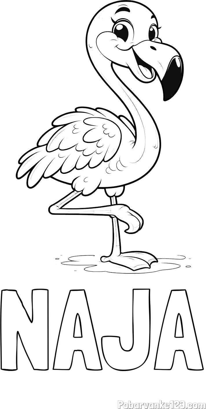 Pobarvanka imena NAJA in otroška pobarvanka prikupnega flaminga