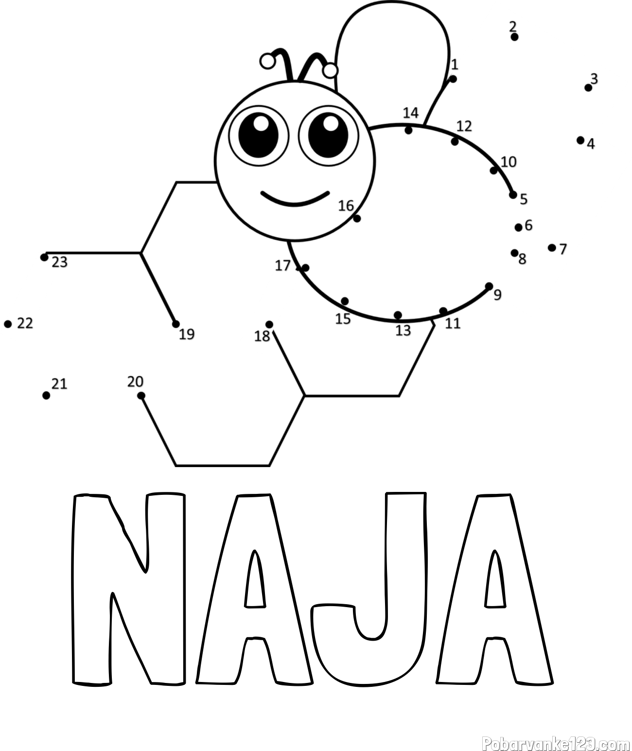 Pobarvanka imena NAJA in pobarvanka čebelice in satja - poveži številke