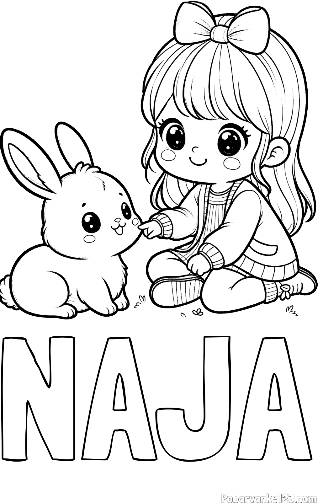 Pobarvanka imena NAJA in pobarvanka ljubke punčke, ki se igra z zajčkom