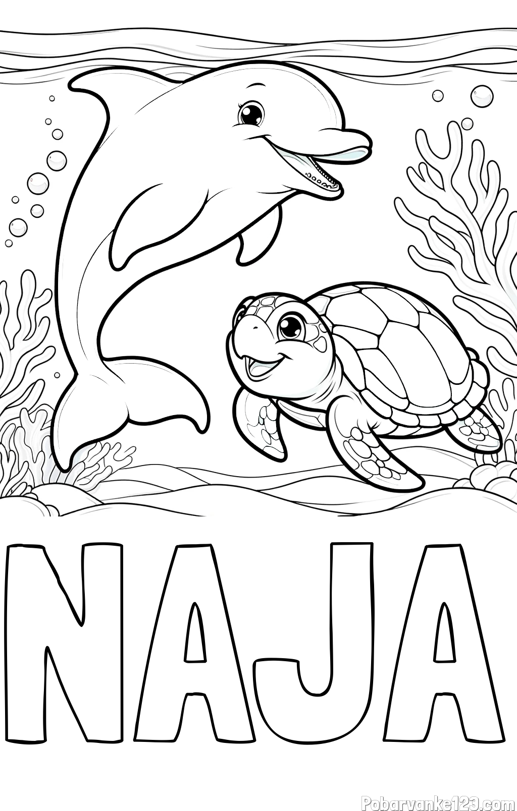 Pobarvanka imena NAJA in pobarvanka ljubkega delfina z želvo v morju