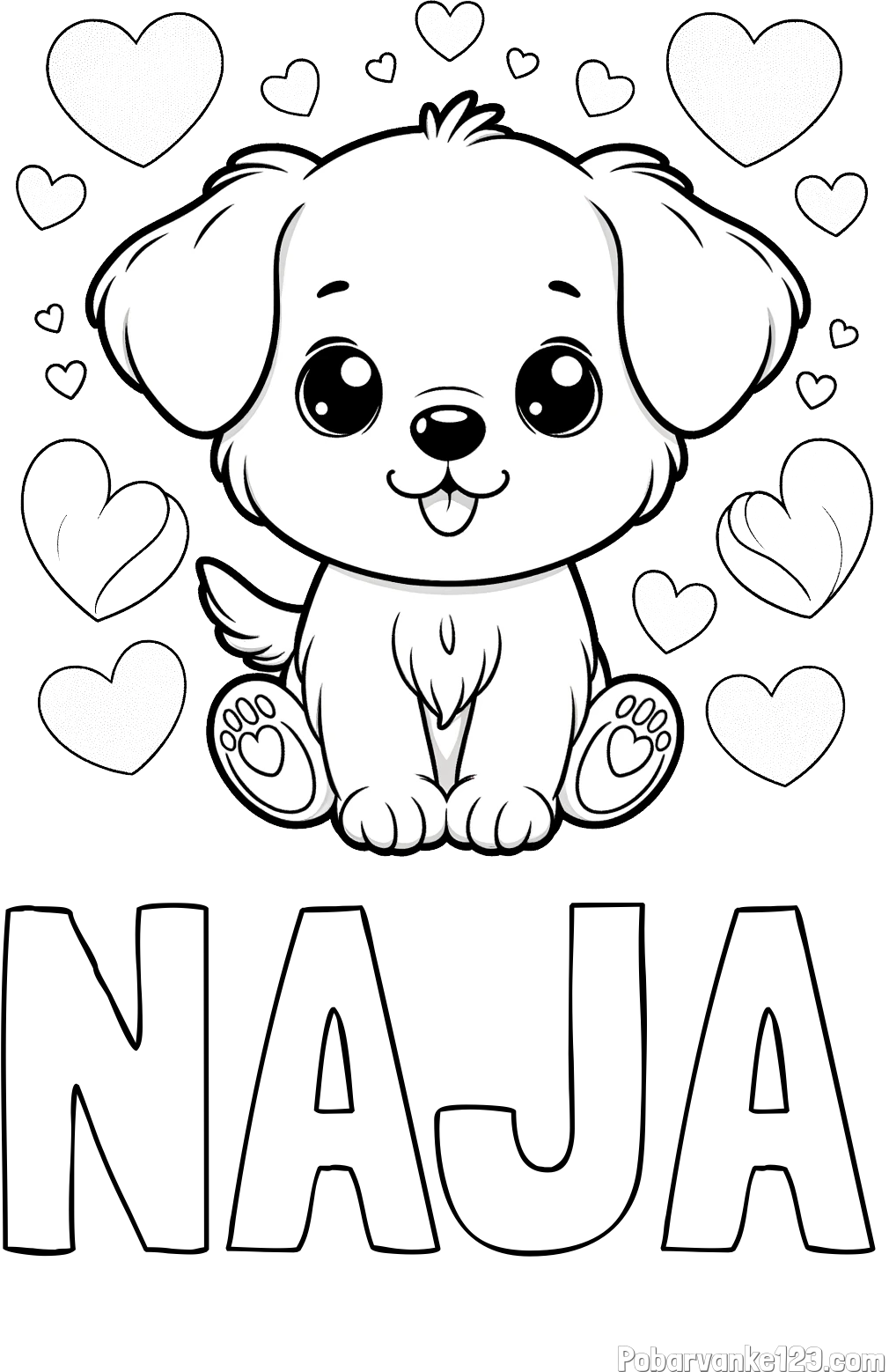 Pobarvanka imena NAJA in pobarvanka ljubkega kužka obdanega s srčki