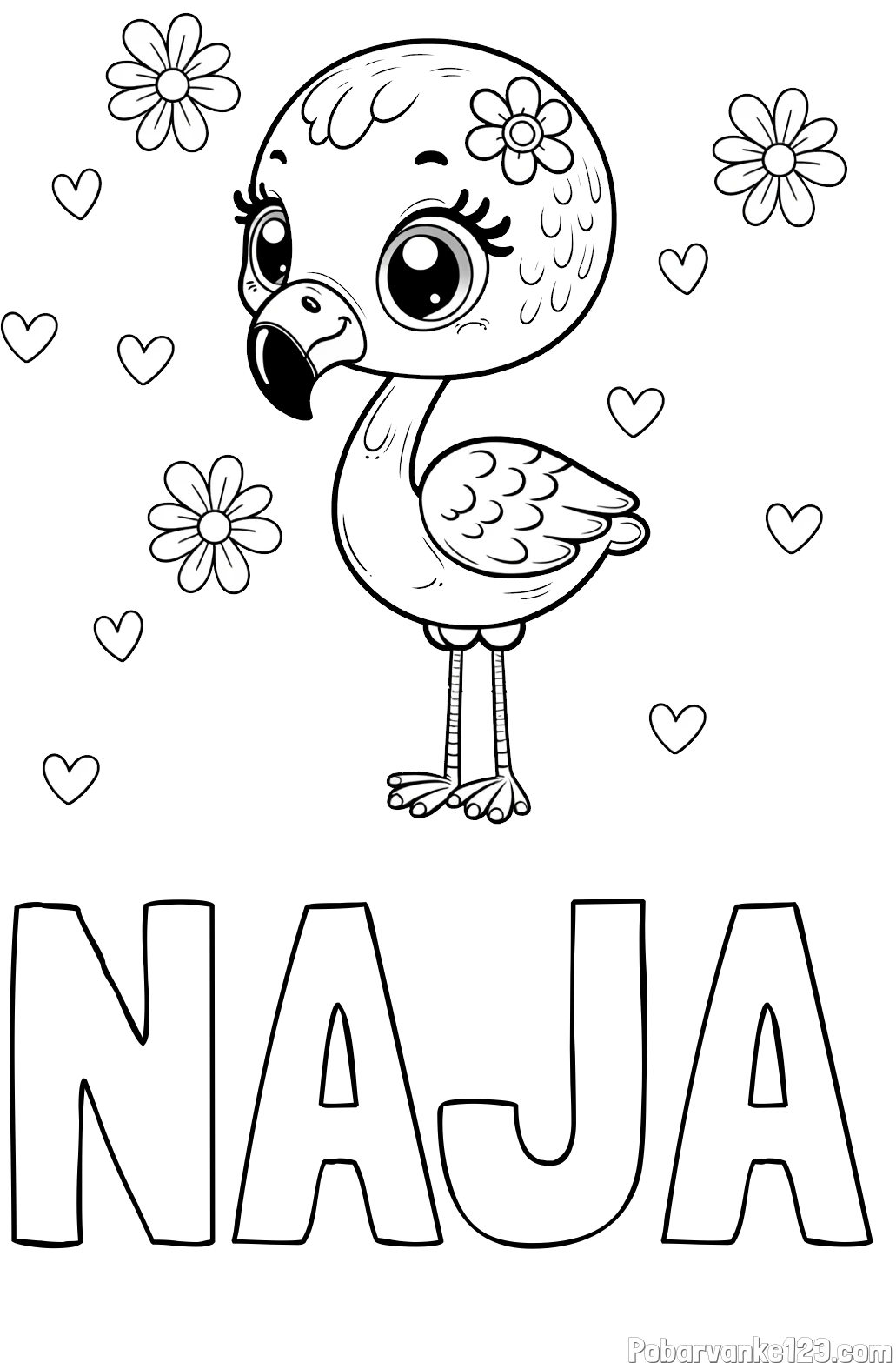 Pobarvanka imena NAJA in pobarvanka mladička flaminga z rožicami in srčki