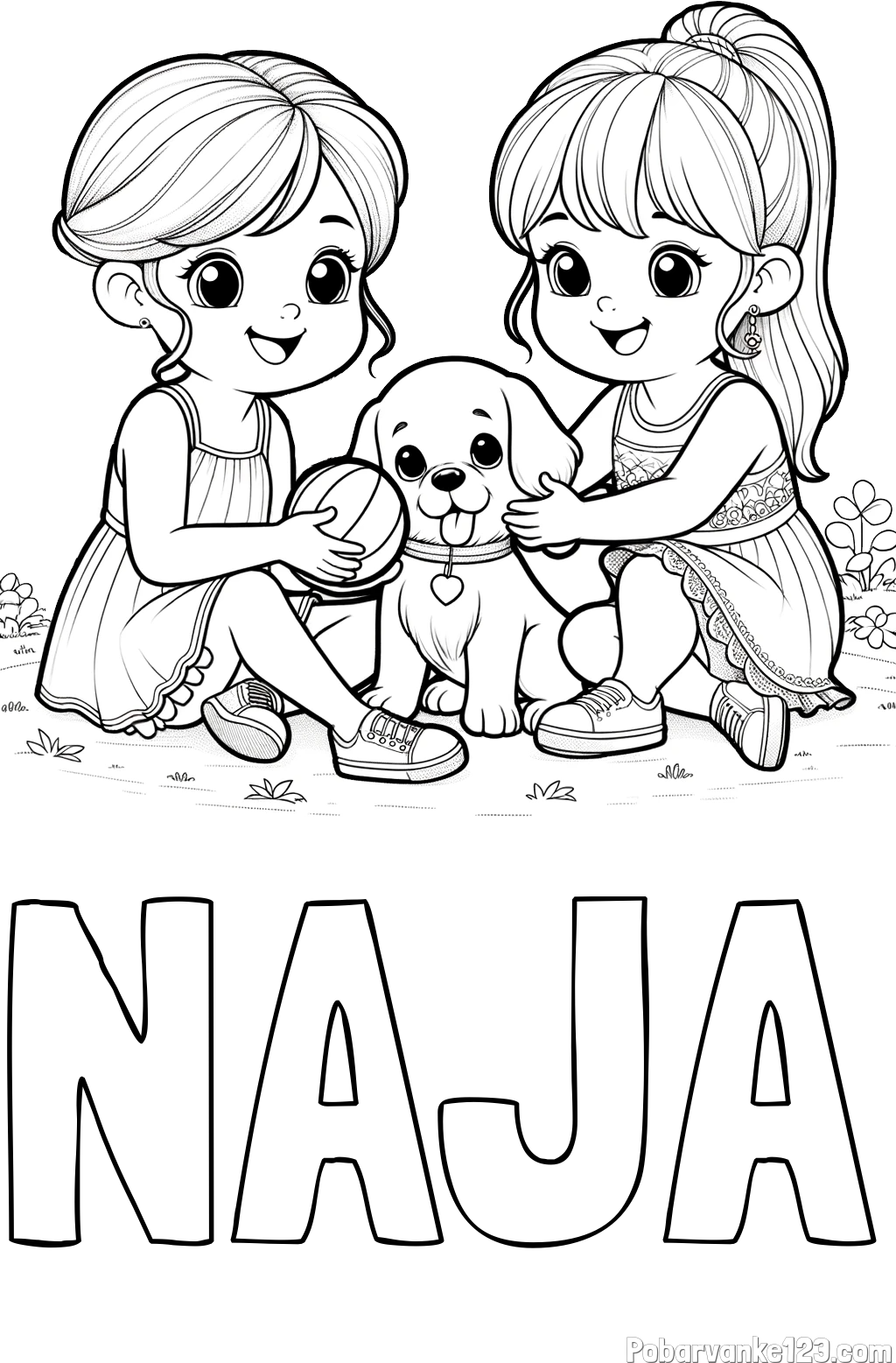 Pobarvanka imena NAJA in pobarvanka prijateljic s kužkom
