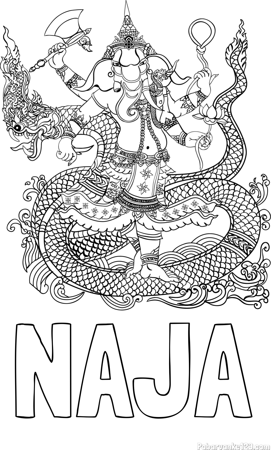 Pobarvanka imena NAJA in pobarvanka slona v človeški podobi