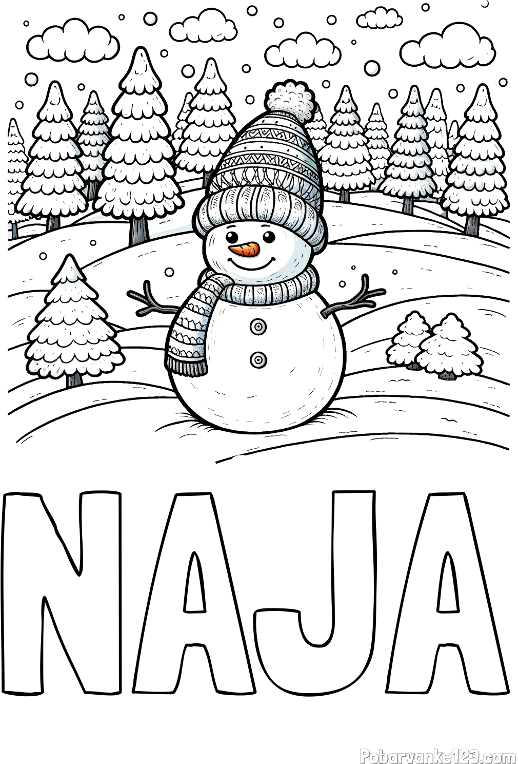 Pobarvanka imena NAJA in pobarvanka snežaka v naravi obdanega z zasneženimi smrekami