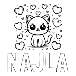 Online izdelana pobarvanka - Pobarvanka imena NAJLA in pobarvanka ljubke mucke obdane z veliko srčki