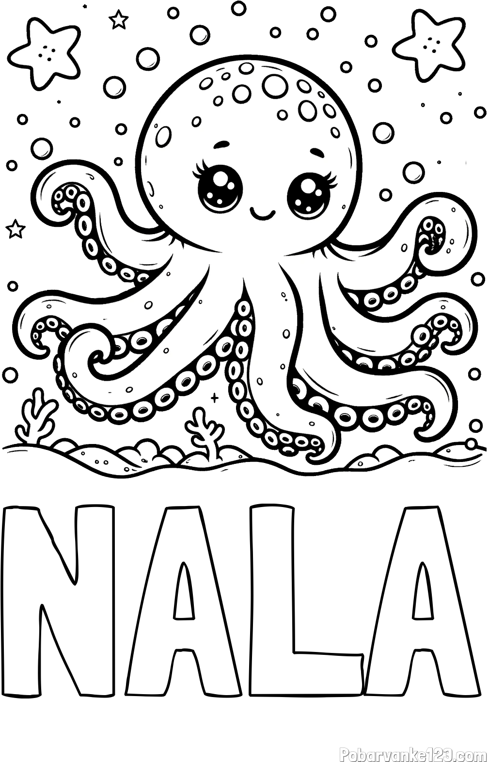 Pobarvanka imena NALA in pobarvanka hobotnice v morju obdane z morskimi zvezdami