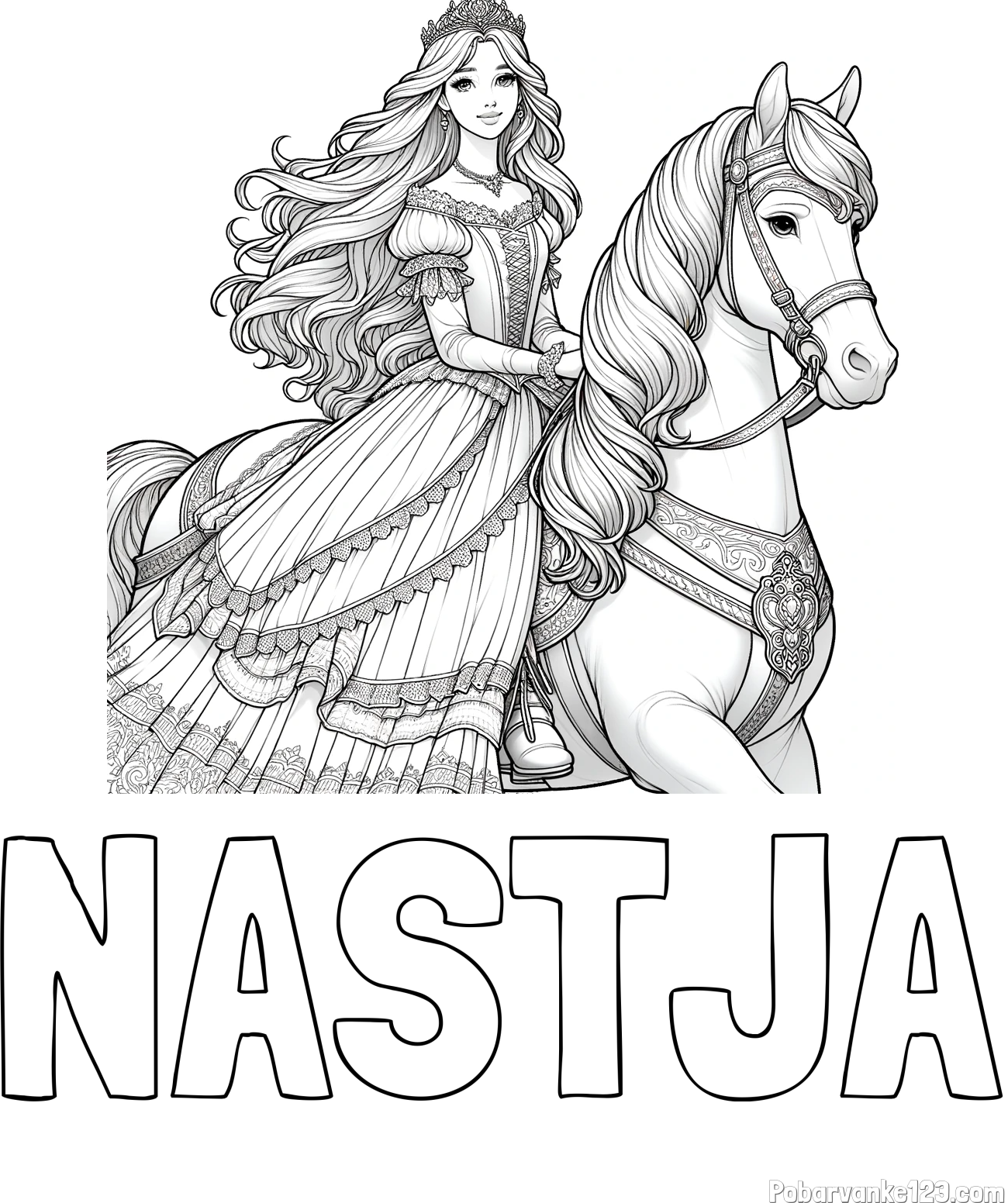 Pobarvanka imena NASTJA in pobarvanka nasmejana princese na konju