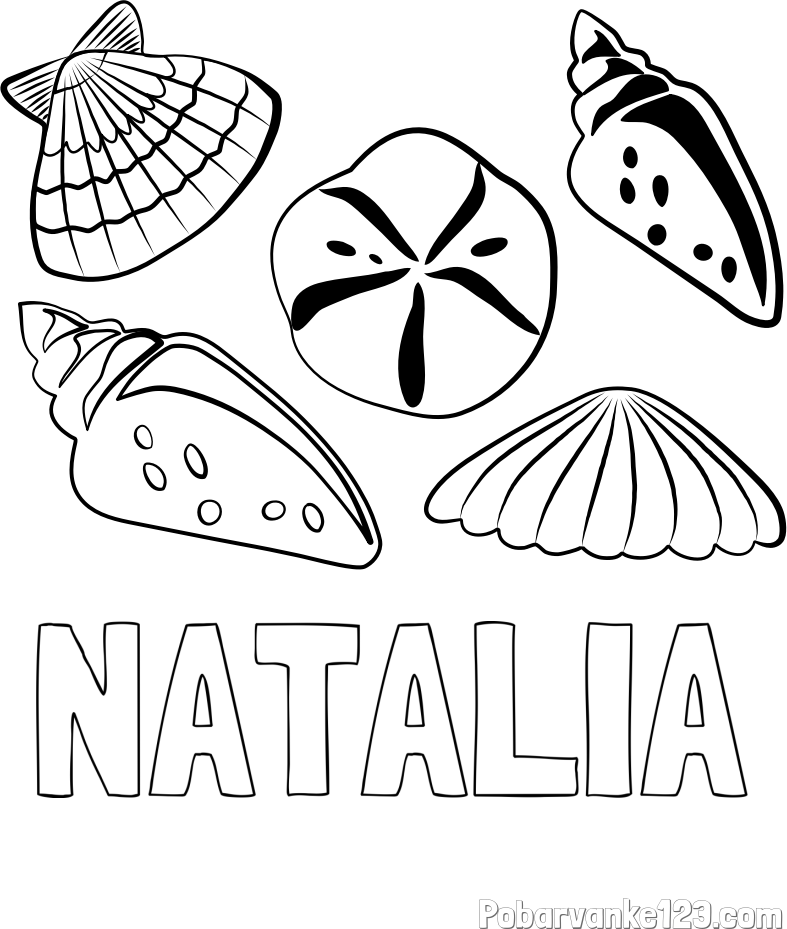 Pobarvanka imena NATALIA in pobarvanka različnih školjk