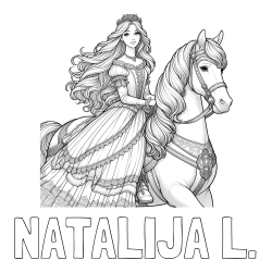 Online izdelana pobarvanka - Pobarvanka imena NATALIJA L. in pobarvanka nasmejana princese na konju