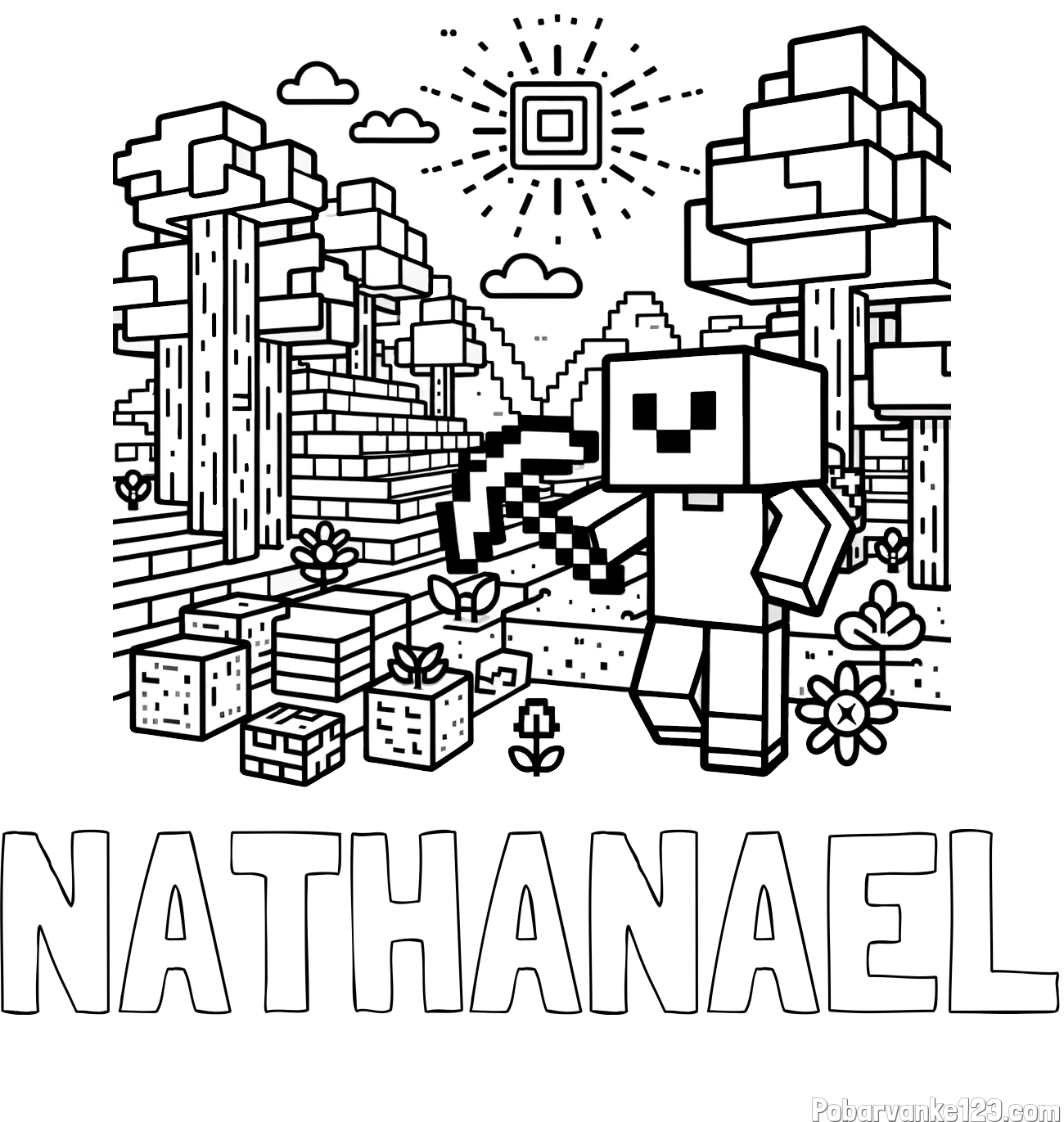 Pobarvanka imena NATHANAEL in pobarvanka Minecraft sveta