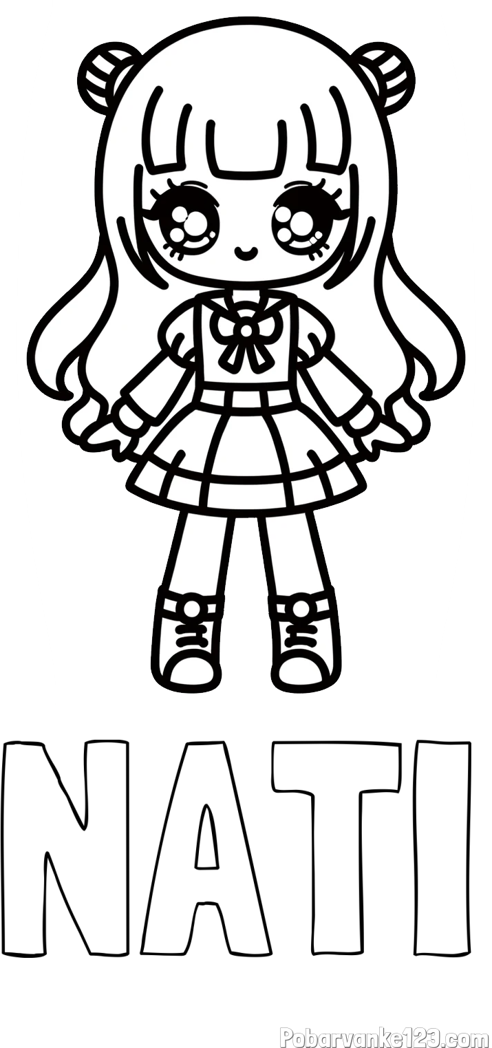 Pobarvanka imena NATI in otroška pobarvanka punčke v anime slogu
