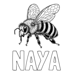 Online izdelana pobarvanka - Pobarvanka imena NAYA in pobarvanka lepe in realistično oblikovane čebele