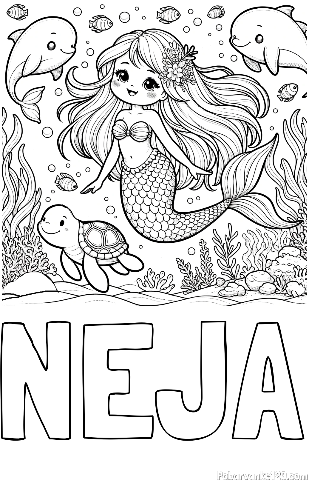 Pobarvanka imena NEJA in pobarvana ljubke morske deklice s prijatelji