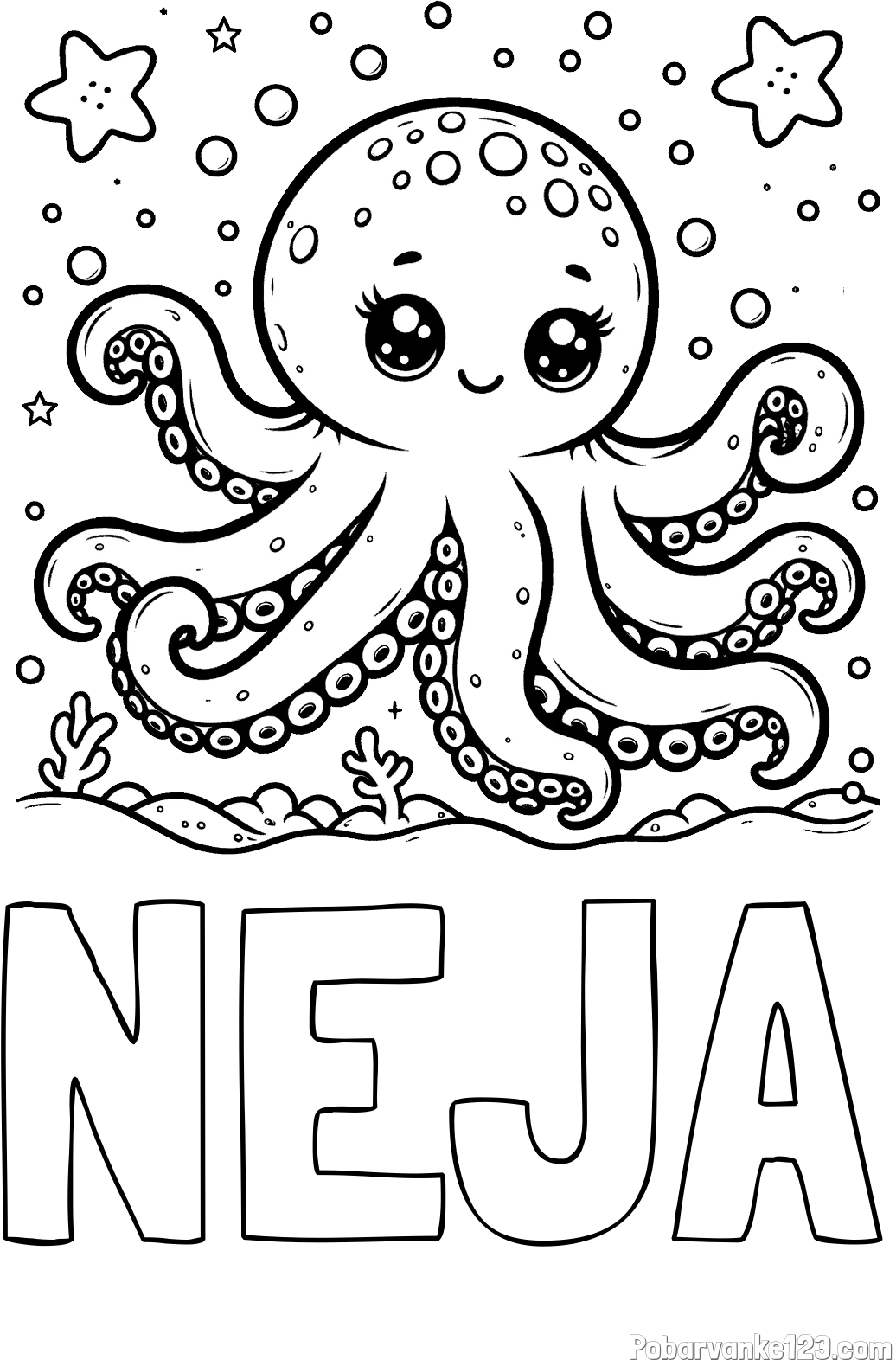 Pobarvanka imena NEJA in pobarvanka hobotnice v morju obdane z morskimi zvezdami