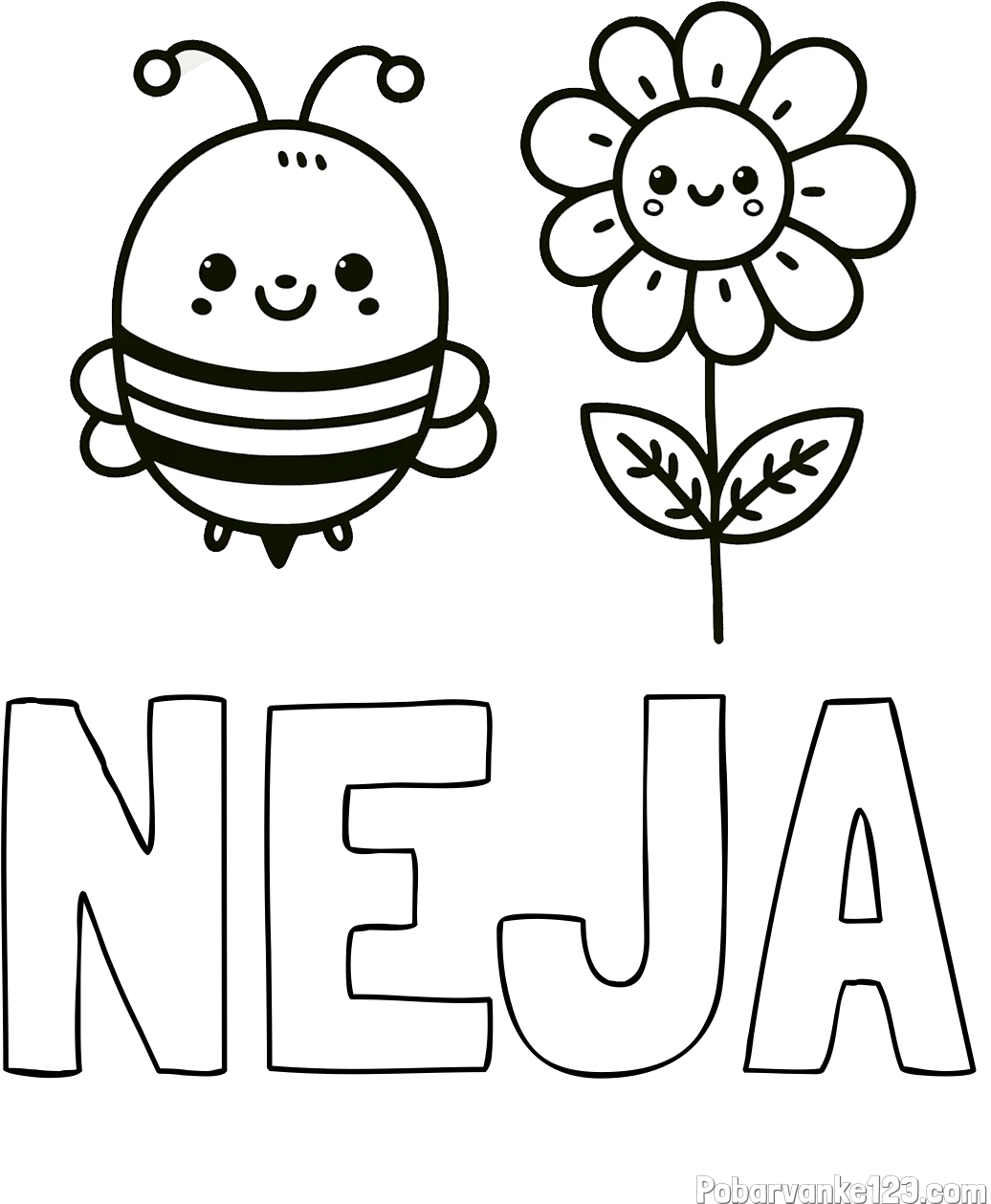 Pobarvanka imena NEJA in pobarvanka ljubke čebelice in nasmejane rože