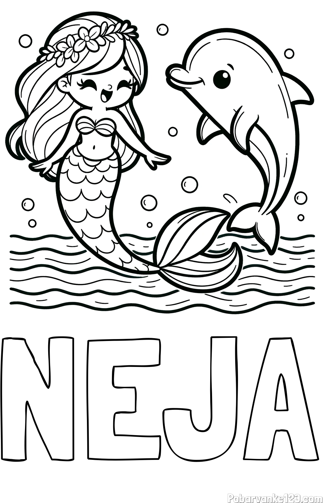 Pobarvanka imena NEJA in pobarvanka ljubke morske deklice, ki pleše z delfinom