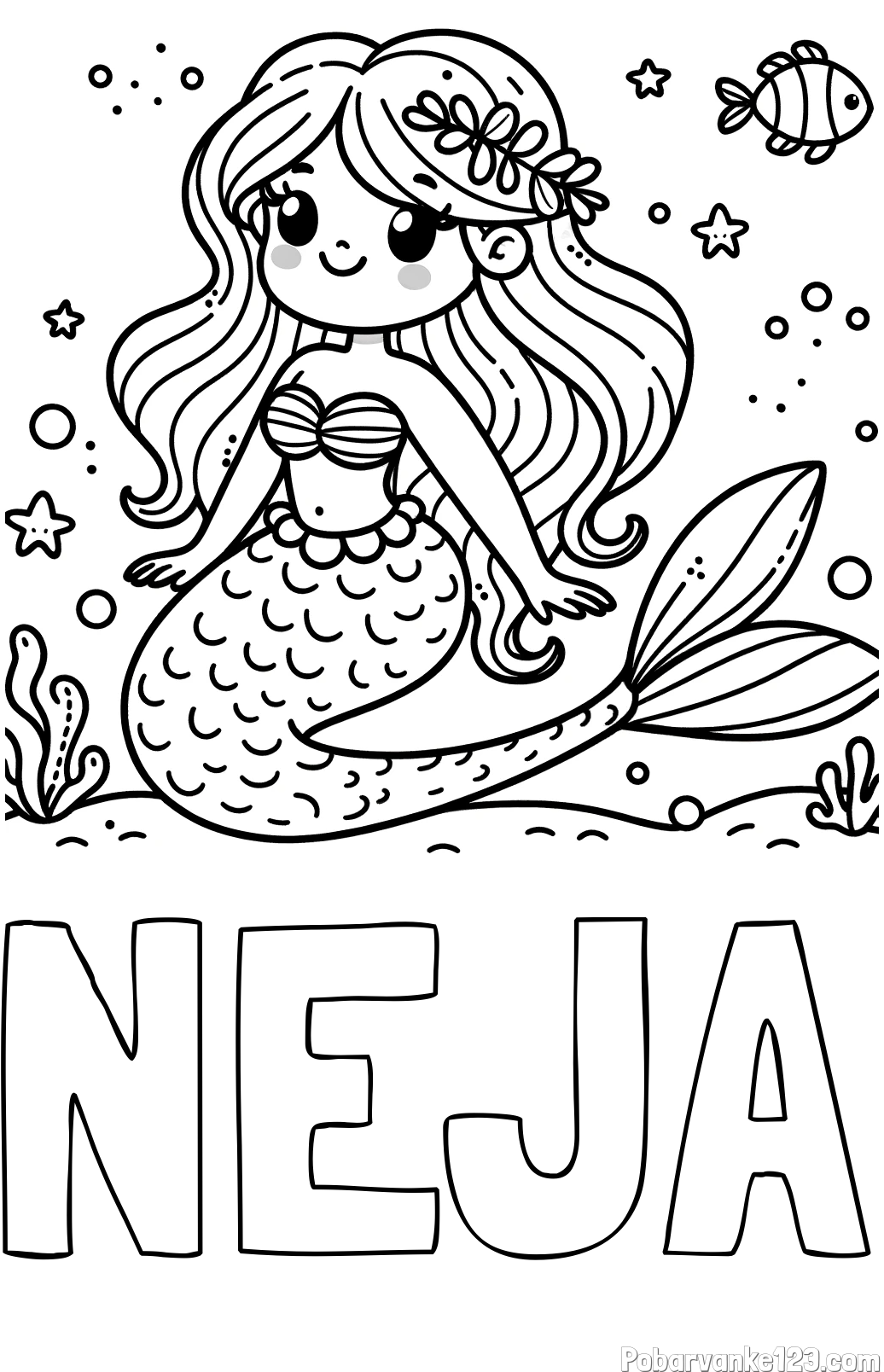 Pobarvanka imena NEJA in pobarvanka ljubke morske deklice v morju