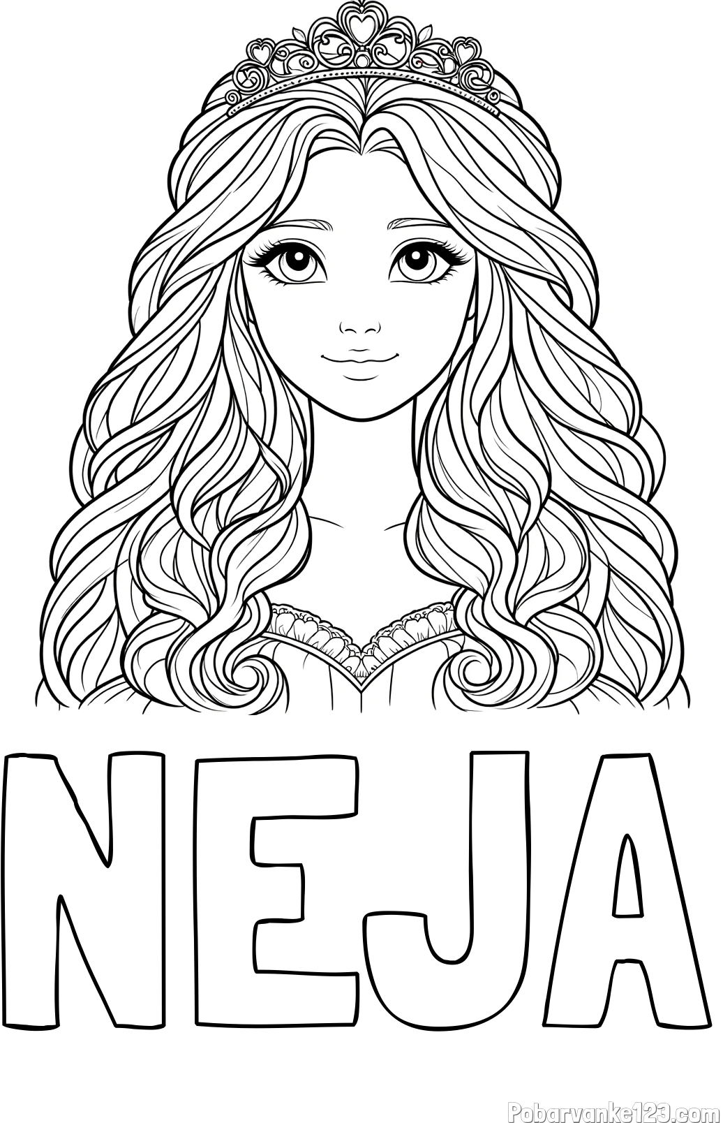 Pobarvanka imena NEJA in pobarvanka ljubke princese z bujnimi lasmi
