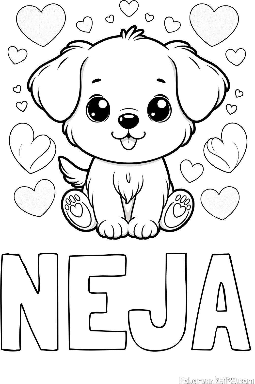 Pobarvanka imena NEJA in pobarvanka ljubkega kužka obdanega s srčki