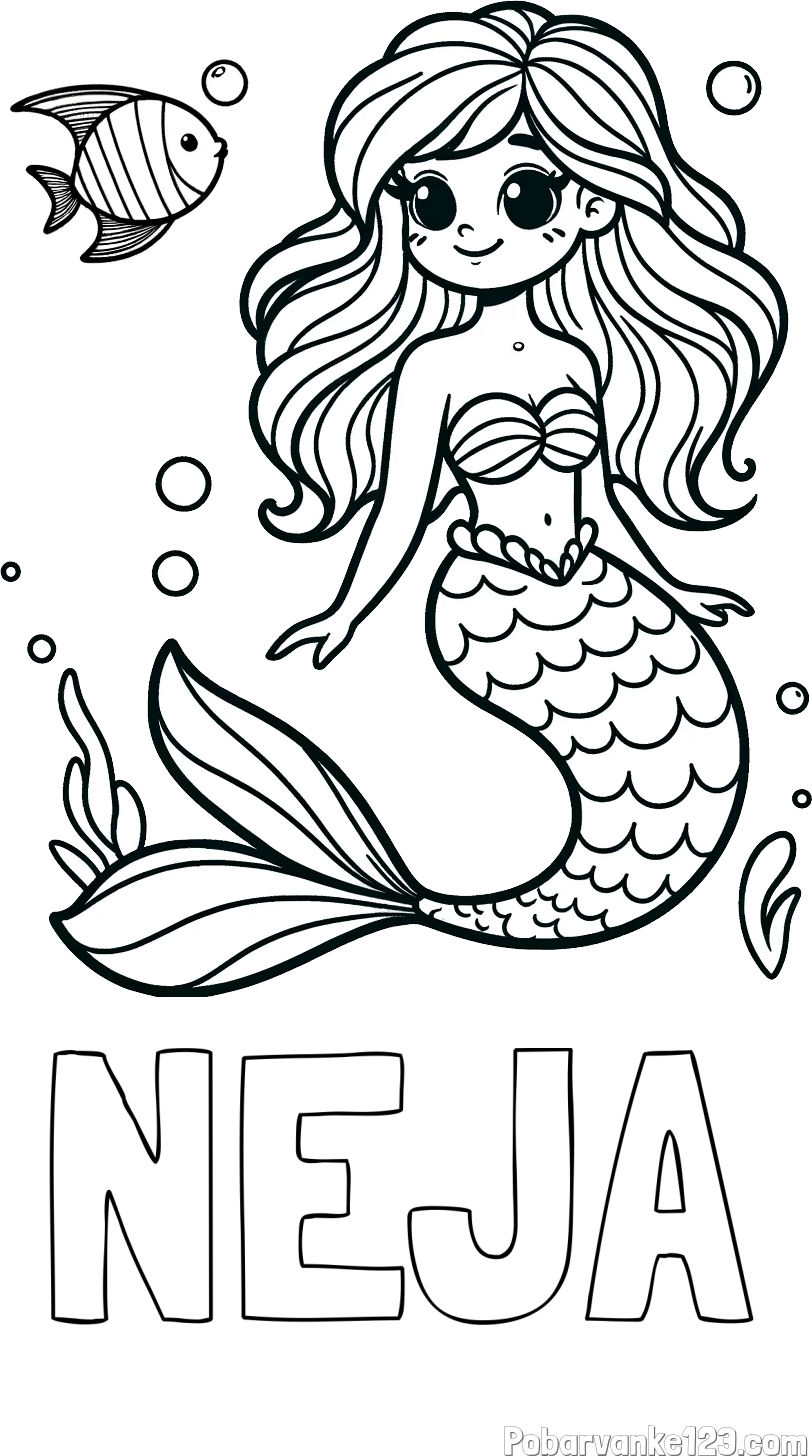 Pobarvanka imena NEJA in pobarvanka male morske deklice in ribice