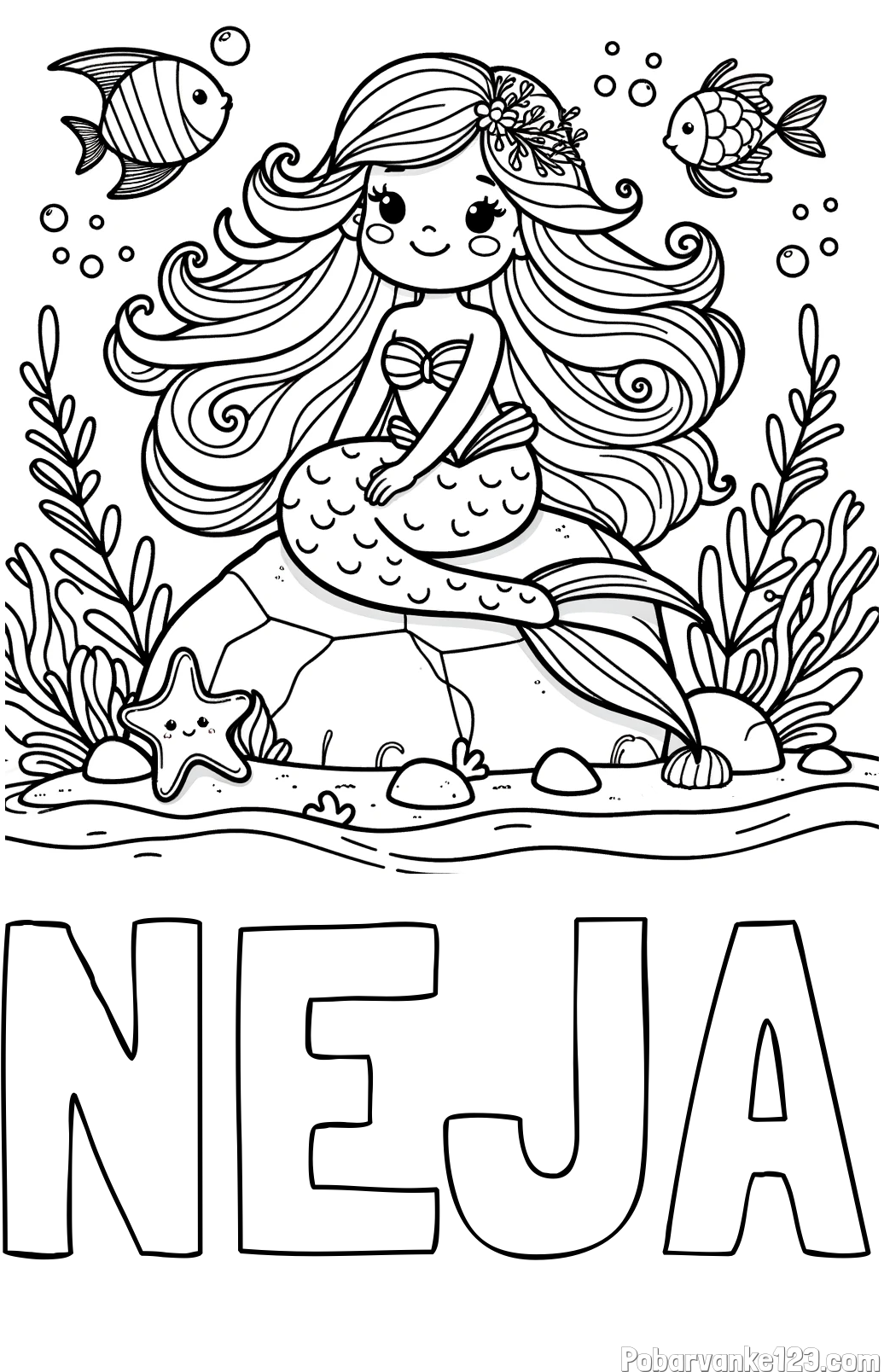 Pobarvanka imena NEJA in pobarvanka prikupne male morske deklice