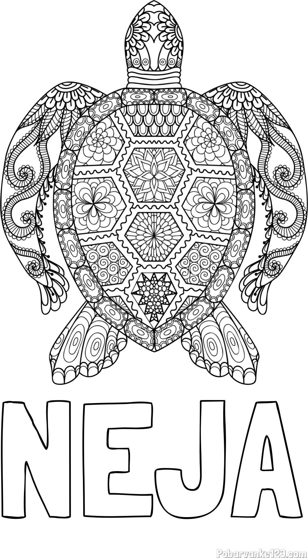 Pobarvanka imena NEJA in pobarvanka želve - mandale