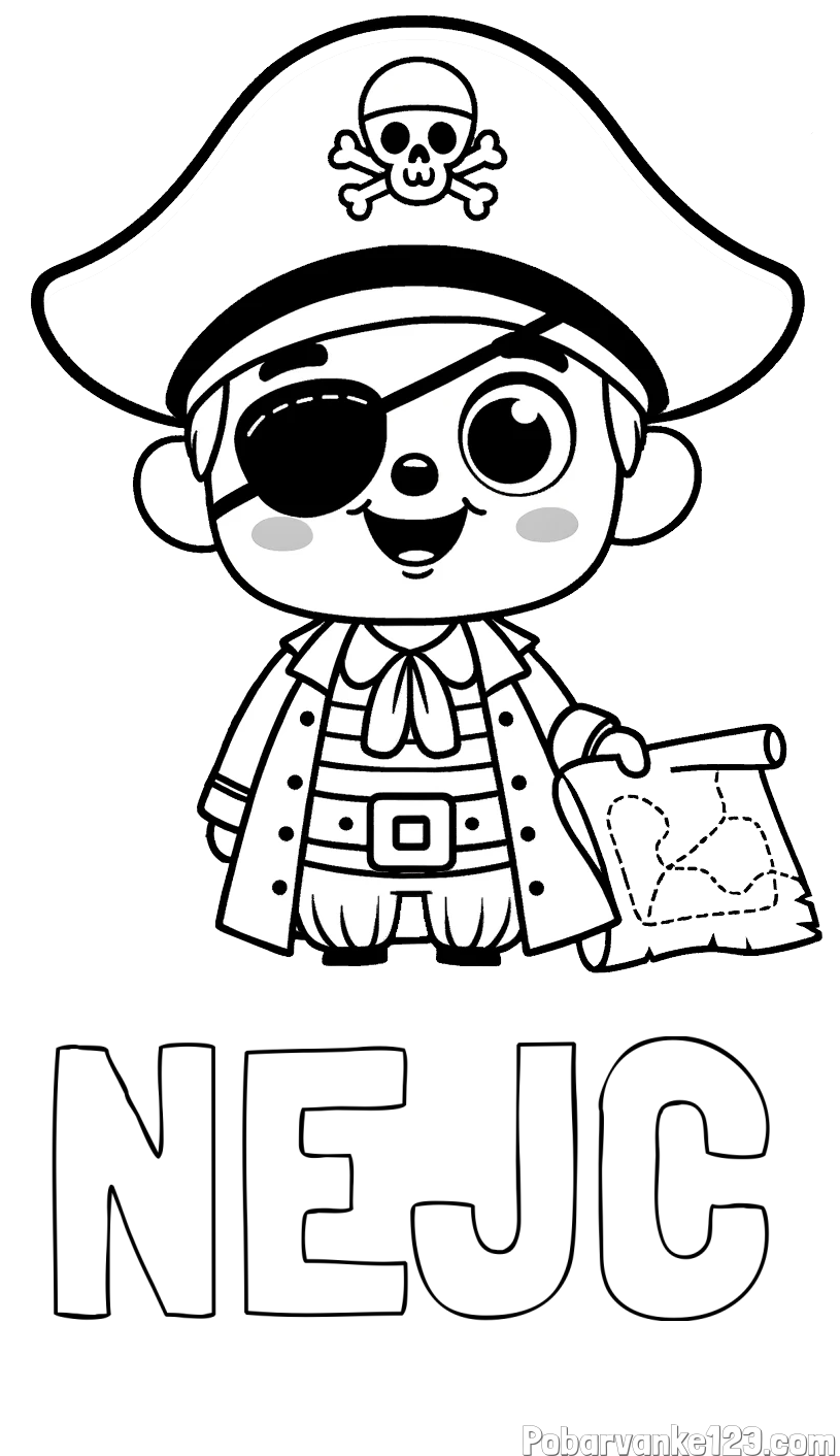 Pobarvanka imena NEJC in otroška pobarvanka ljubkega gusarja z zemljevidom