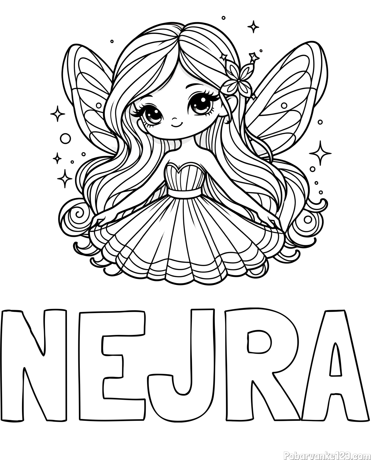 Pobarvanka imena NEJRA in pobarvanka ljubke in nasmejane čarobne vile