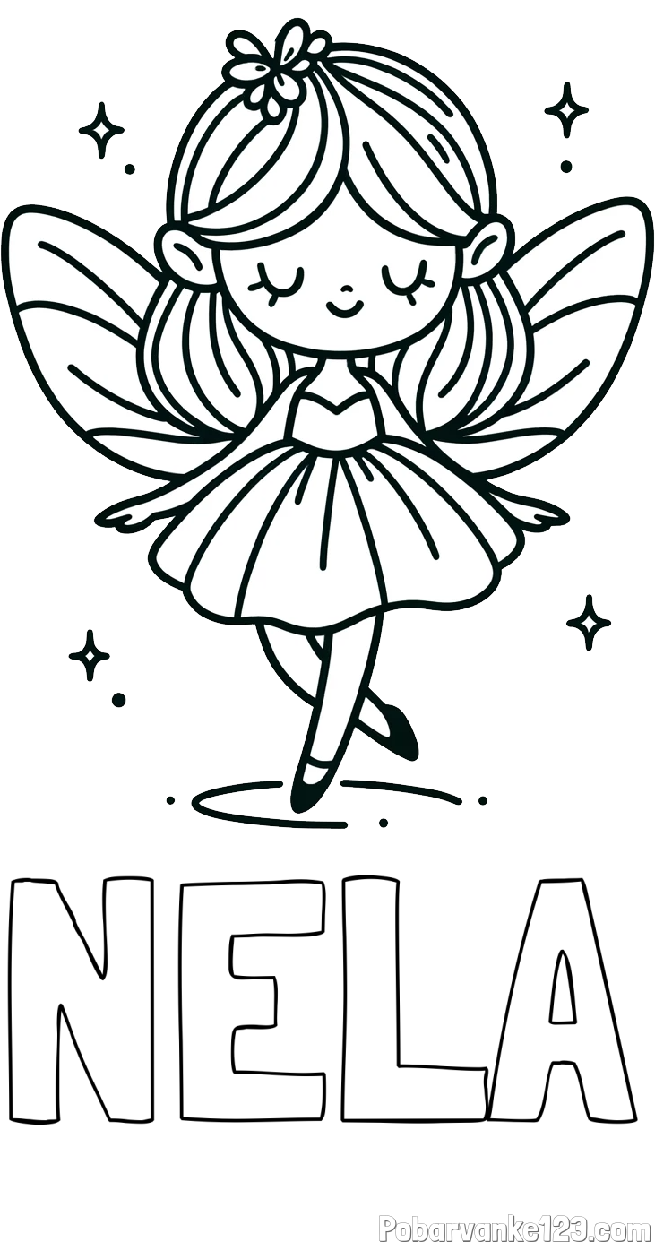 Pobarvanka imena NELA in enostavna pobarvanka čarobne vile