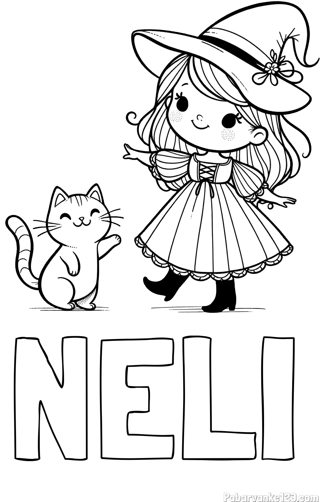 Pobarvanka imena NELI in pobarvanka ljubke čarovnice ter podrednega mačka