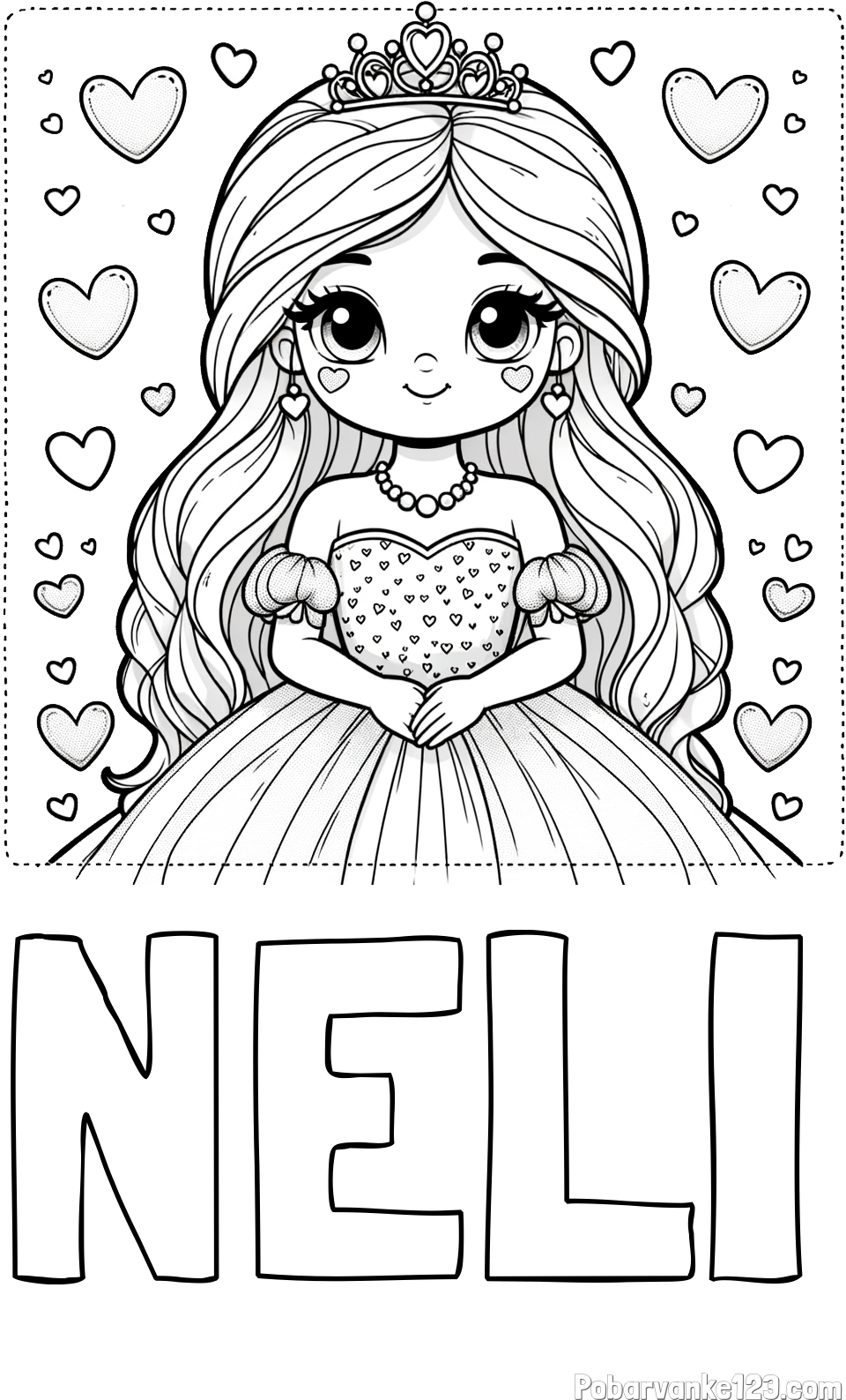 Pobarvanka imena NELI in pobarvanka ljubke princese obdane s srčki
