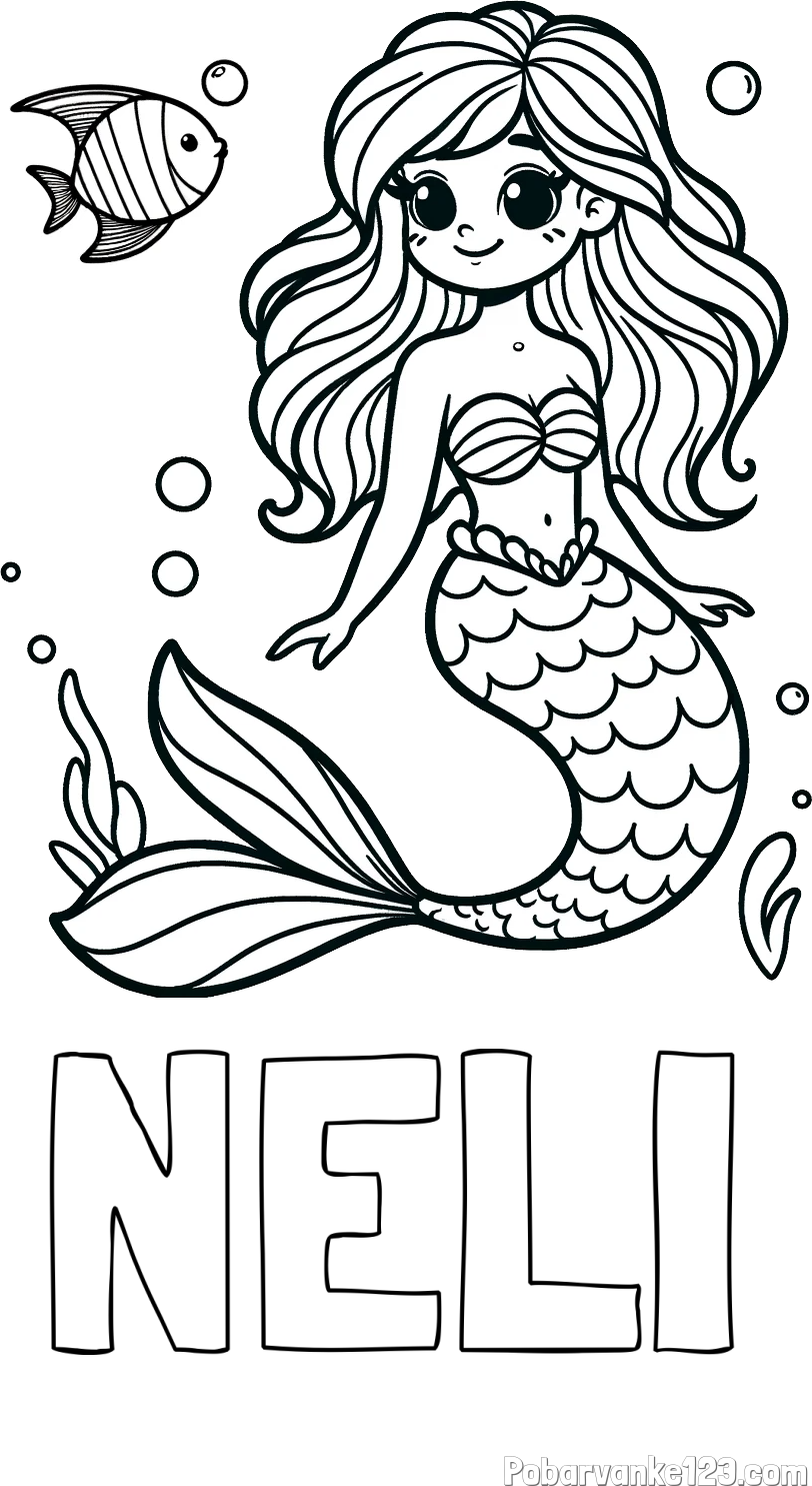 Pobarvanka imena NELI in pobarvanka male morske deklice in ribice