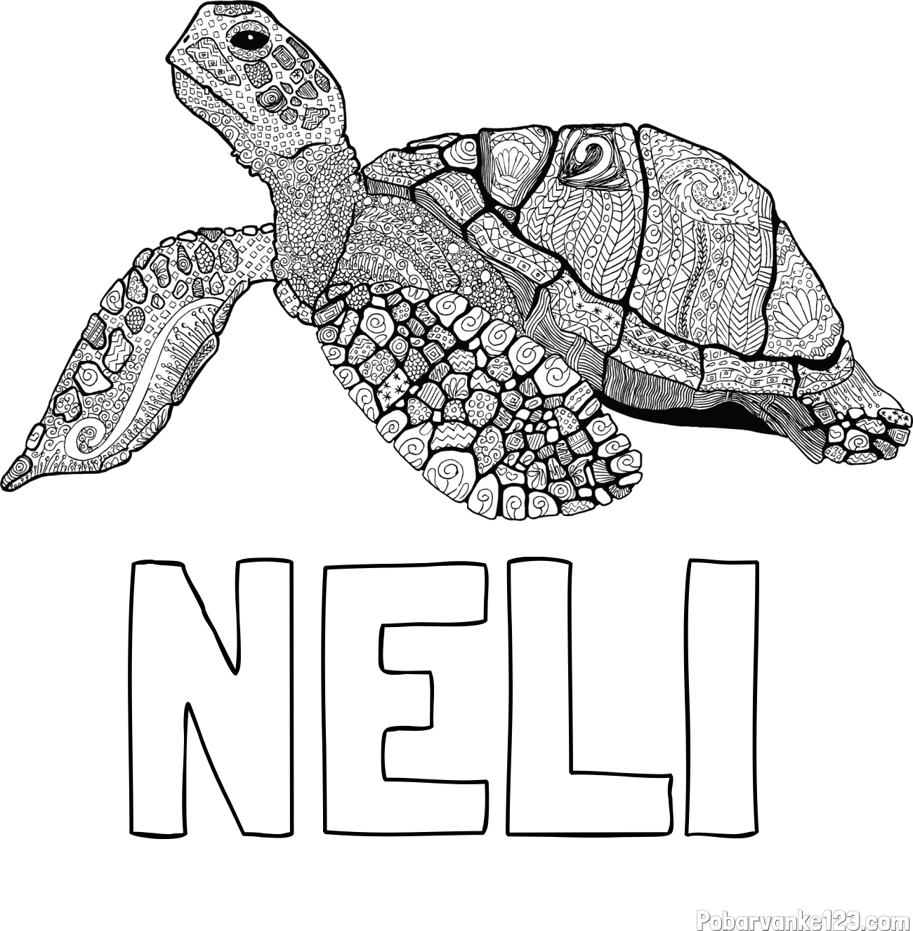 Pobarvanka imena NELI in pobarvanka velike želve - mandale