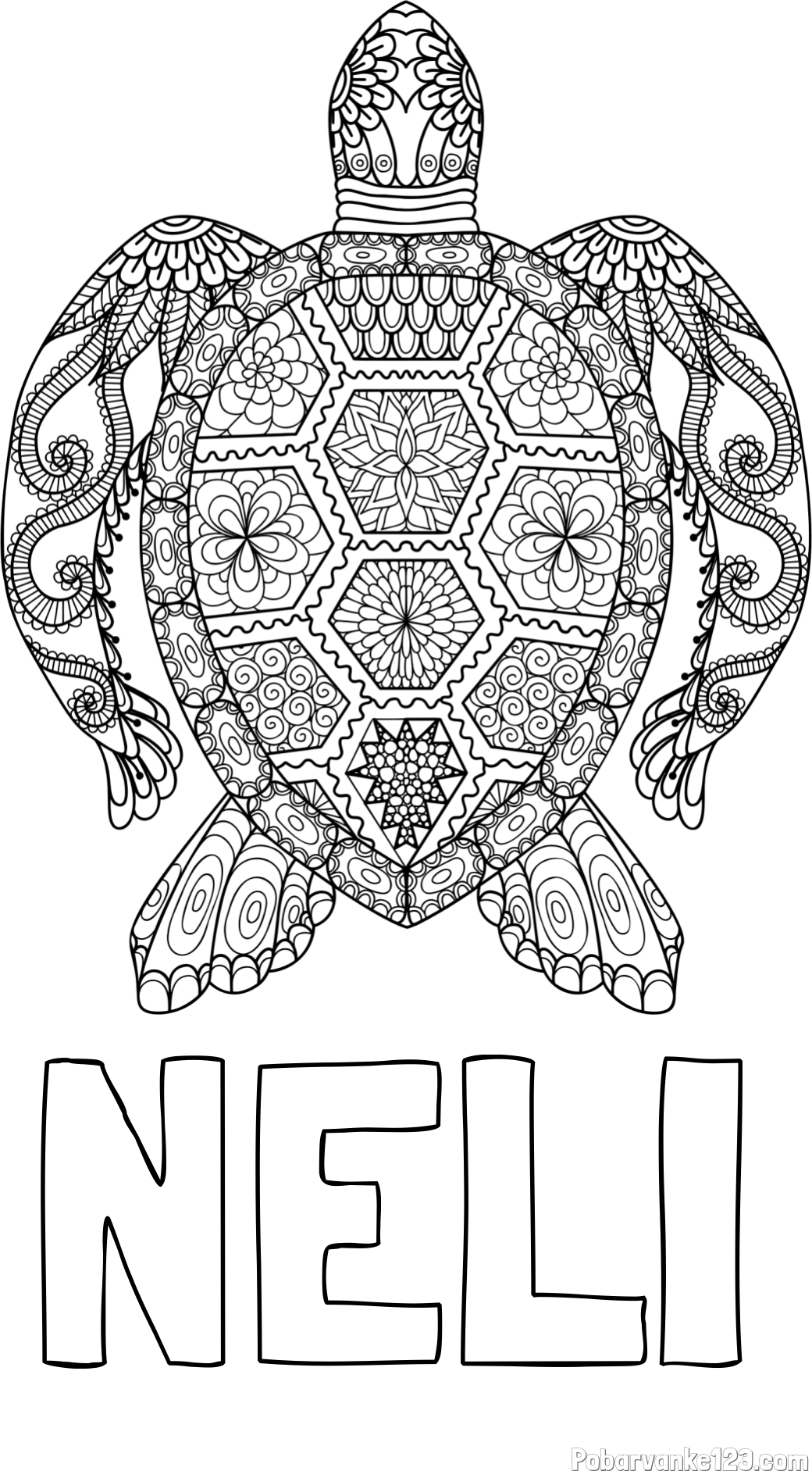 Pobarvanka imena NELI in pobarvanka želve - mandale