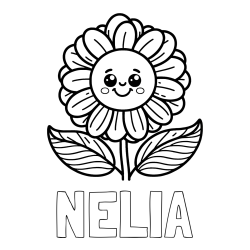 Online izdelana pobarvanka - Pobarvanka imena NELIA in pobarvanka ljubke in nasmejane rože